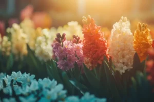 Strahlende Blüten: Ein farbenfrohes Schauspiel aus bunten Hyazinthen, getaucht in sanftes Licht