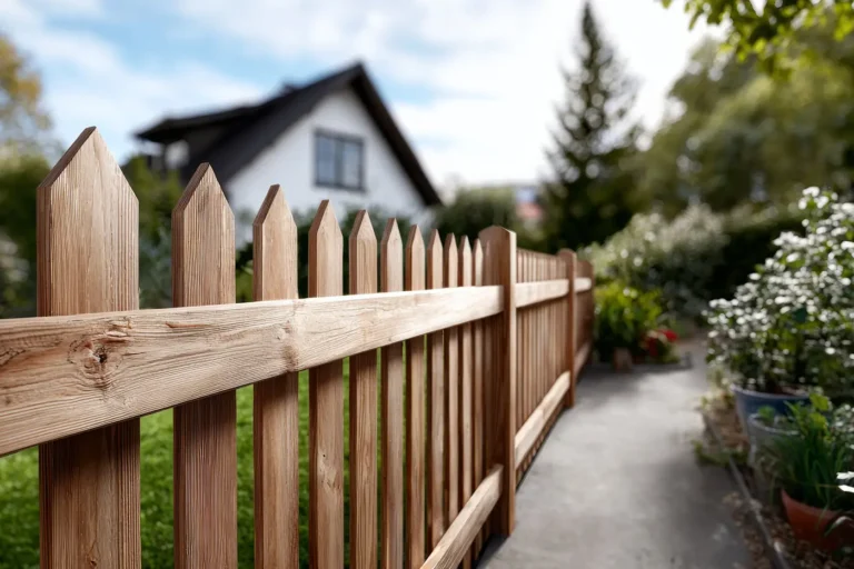 Ein Holzzaun mit einem weißen Haus im Hintergrund. Der Zaun ist hoch und weist eine ausgeprägte Holzmaserung auf. Der Garten ist gepflegt und verfügt über einen Weg, der zum Haus führt.