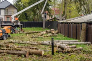 Die Baumfällarbeiten in einem privaten Garten mit abgesägten Stämmen und einer Hebebühne veranschaulichen die Arbeit eines Baumpflegerdienstes und den Prozess der Rodung.